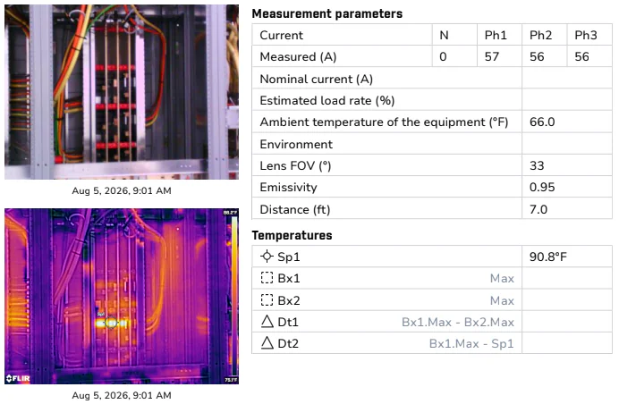 Infrared inspection report showing visual and FLIR thermal images of a panelboard with a hot spot at the bus connection and phase readings of 57, 56 and 56 amps
